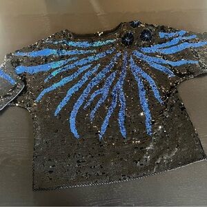 Vintage Black Sequin Top with Blue Burst Detail